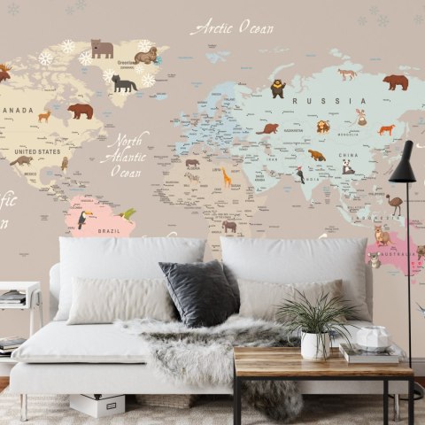 Fototapeta Animals World Map For Kids Wallpaper Design