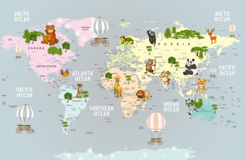 Fototapeta Animals World Map For Kids Wallpaper Design