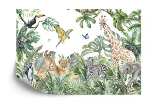 Fototapeta Children&#039;s Wallpaper, Watercolor Jungle And Animals. Lions, Giraffe, Elephant, Parrots, Zebra, Lemur