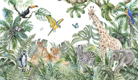 Fototapeta Children&#039;s Wallpaper, Watercolor Jungle And Animals. Lions, Giraffe, Elephant, Parrots, Zebra, Lemur