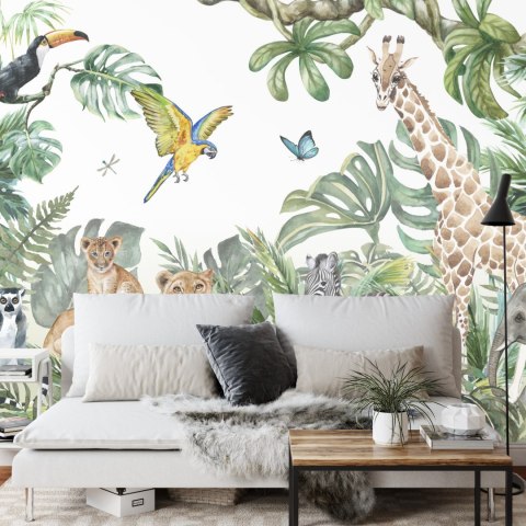 Fototapeta Children&#039;s Wallpaper, Watercolor Jungle And Animals. Lions, Giraffe, Elephant, Parrots, Zebra, Lemur