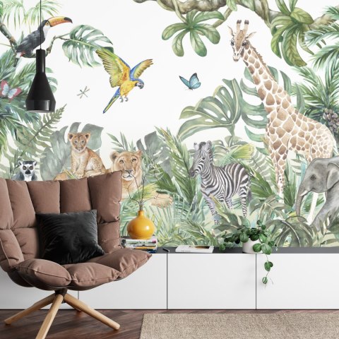 Fototapeta Children&#039;s Wallpaper, Watercolor Jungle And Animals. Lions, Giraffe, Elephant, Parrots, Zebra, Lemur