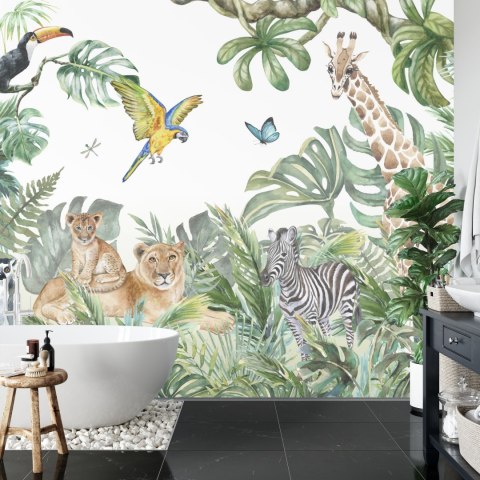 Fototapeta Children&#039;s Wallpaper, Watercolor Jungle And Animals. Lions, Giraffe, Elephant, Parrots, Zebra, Lemur