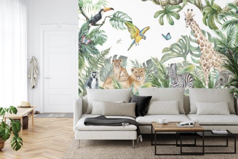 Fototapeta Children&#039;s Wallpaper, Watercolor Jungle And Animals. Lions, Giraffe, Elephant, Parrots, Zebra, Lemur