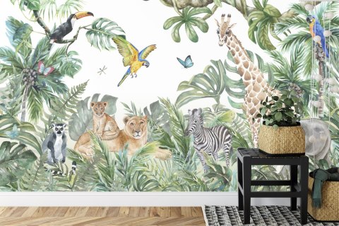 Fototapeta Children&#039;s Wallpaper, Watercolor Jungle And Animals. Lions, Giraffe, Elephant, Parrots, Zebra, Lemur