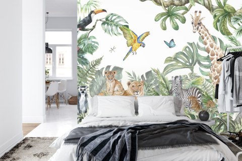Fototapeta Children&#039;s Wallpaper, Watercolor Jungle And Animals. Lions, Giraffe, Elephant, Parrots, Zebra, Lemur