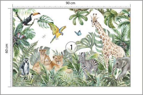 Fototapeta Children&#039;s Wallpaper, Watercolor Jungle And Animals. Lions, Giraffe, Elephant, Parrots, Zebra, Lemur