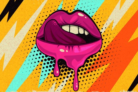 Obraz Na Płótnie Różowe Usta Na Kolorowym Tle W Stylu Retro Pop-Art Obraz Na Płótnie Różowe Usta Na Kolorowym Tle W Stylu Retro Pop-Art