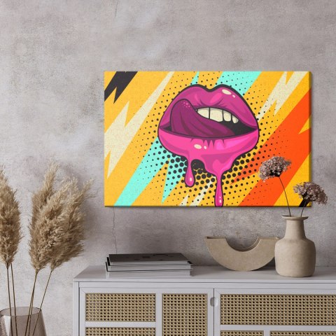Obraz Na Płótnie Różowe Usta Na Kolorowym Tle W Stylu Retro Pop-Art Obraz Na Płótnie Różowe Usta Na Kolorowym Tle W Stylu Retro Pop-Art