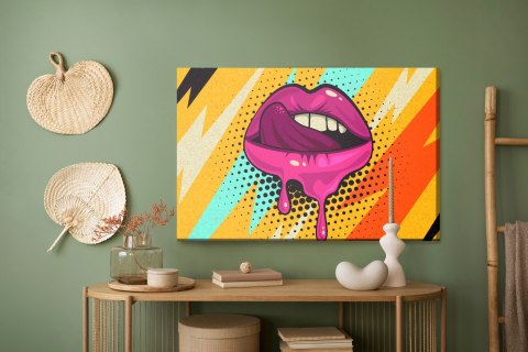 Obraz Na Płótnie Różowe Usta Na Kolorowym Tle W Stylu Retro Pop-Art Obraz Na Płótnie Różowe Usta Na Kolorowym Tle W Stylu Retro Pop-Art