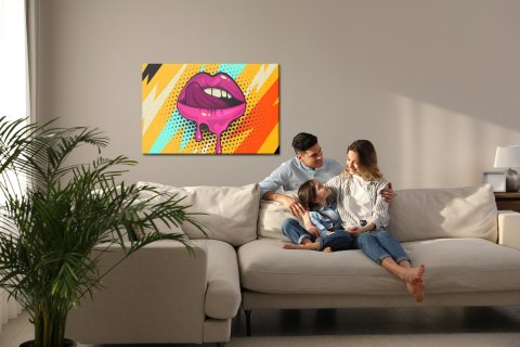 Obraz Na Płótnie Różowe Usta Na Kolorowym Tle W Stylu Retro Pop-Art Obraz Na Płótnie Różowe Usta Na Kolorowym Tle W Stylu Retro Pop-Art