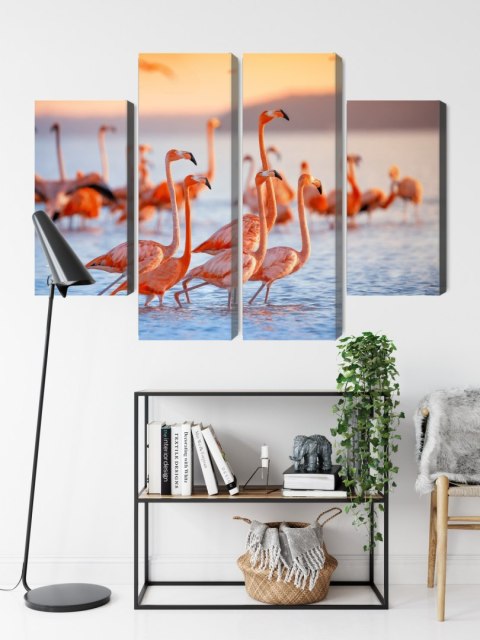 Obraz Wieloczęściowy Stado Flamingów Nad Wodą Obraz Wieloczęściowy Stado Flamingów Nad Wodą