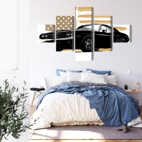 Obraz Wieloczęściowy Amerykański Muscle Car Z Flagą Usa W Tle Obraz Wieloczęściowy Amerykański Muscle Car Z Flagą Usa W Tle