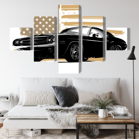 Obraz Wieloczęściowy Amerykański Muscle Car Z Flagą Usa W Tle Obraz Wieloczęściowy Amerykański Muscle Car Z Flagą Usa W Tle