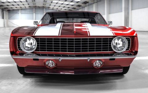 Obraz Wieloczęściowy Czerwony Muscle Car W Garażu Obraz Wieloczęściowy Czerwony Muscle Car W Garażu