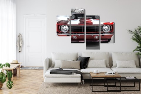Obraz Wieloczęściowy Czerwony Muscle Car W Garażu Obraz Wieloczęściowy Czerwony Muscle Car W Garażu