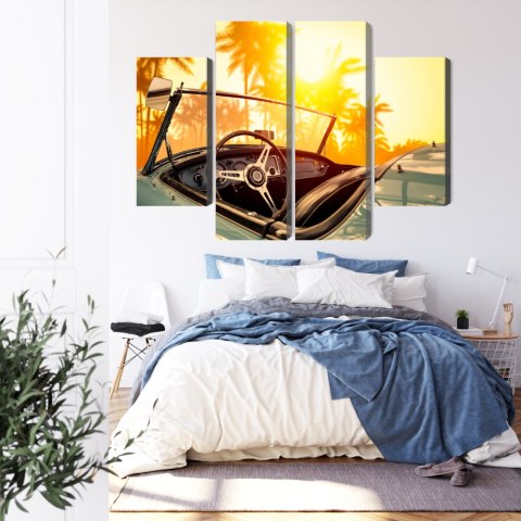 Obraz Wieloczęściowy Widok Z Samochodu O Zachodzie Słońca W Stylu Retro