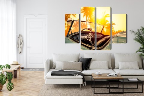 Obraz Wieloczęściowy Widok Z Samochodu O Zachodzie Słońca W Stylu Retro