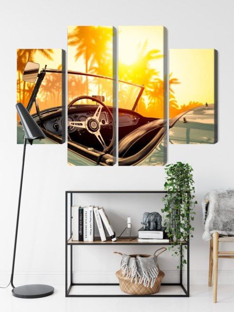 Obraz Wieloczęściowy Widok Z Samochodu O Zachodzie Słońca W Stylu Retro