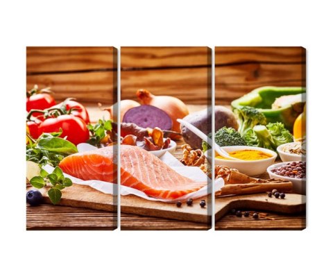 Obraz Wieloczęściowy Łosoś Wśród Warzyw