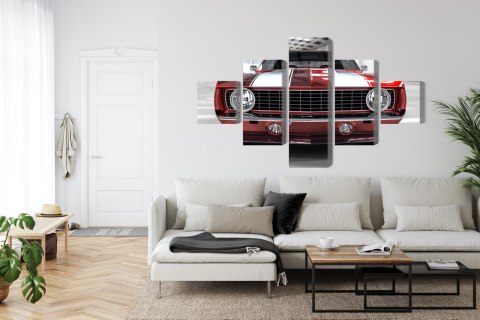 Obraz Wieloczęściowy Czerwony Muscle Car W Garażu Obraz Wieloczęściowy Czerwony Muscle Car W Garażu