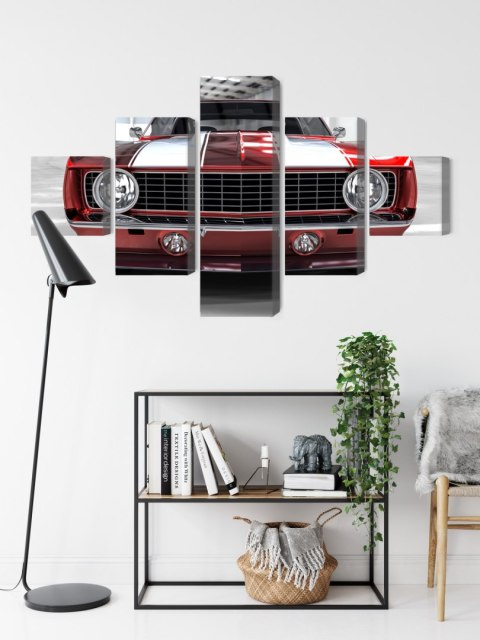 Obraz Wieloczęściowy Czerwony Muscle Car W Garażu Obraz Wieloczęściowy Czerwony Muscle Car W Garażu