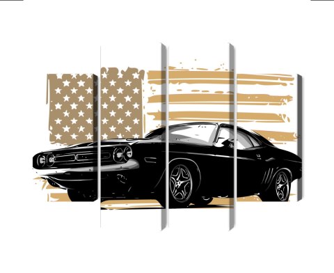 Obraz Wieloczęściowy Amerykański Muscle Car Z Flagą Usa W Tle Obraz Wieloczęściowy Amerykański Muscle Car Z Flagą Usa W Tle