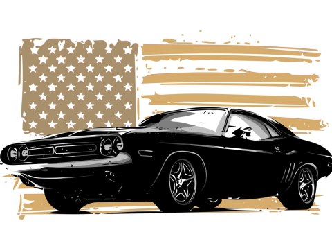 Obraz Wieloczęściowy Amerykański Muscle Car Z Flagą Usa W Tle Obraz Wieloczęściowy Amerykański Muscle Car Z Flagą Usa W Tle