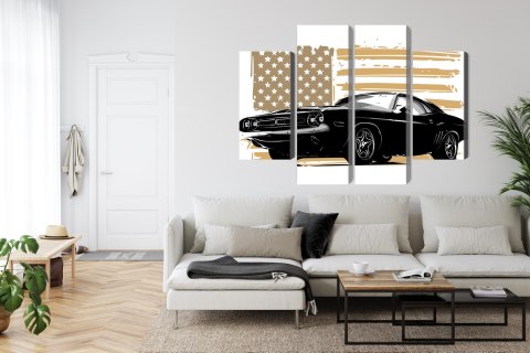 Obraz Wieloczęściowy Amerykański Muscle Car Z Flagą Usa W Tle Obraz Wieloczęściowy Amerykański Muscle Car Z Flagą Usa W Tle