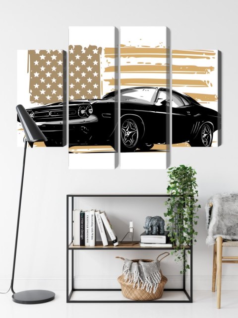 Obraz Wieloczęściowy Amerykański Muscle Car Z Flagą Usa W Tle Obraz Wieloczęściowy Amerykański Muscle Car Z Flagą Usa W Tle