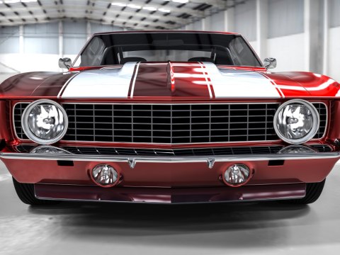 Obraz Wieloczęściowy Czerwony Muscle Car W Garażu Obraz Wieloczęściowy Czerwony Muscle Car W Garażu