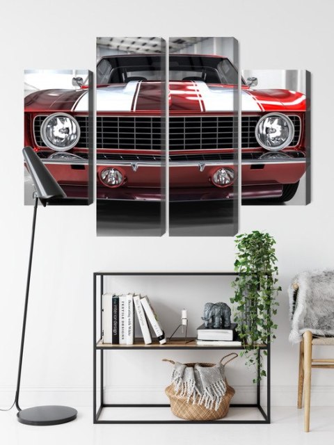 Obraz Wieloczęściowy Czerwony Muscle Car W Garażu Obraz Wieloczęściowy Czerwony Muscle Car W Garażu