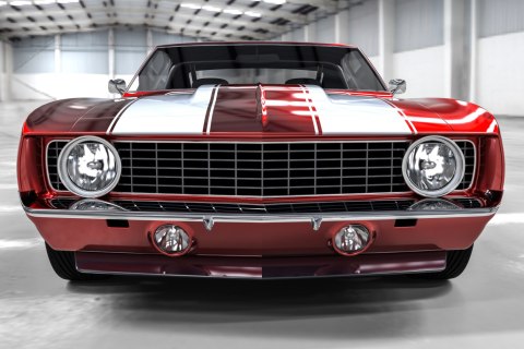Obraz Wieloczęściowy Czerwony Muscle Car W Garażu Obraz Wieloczęściowy Czerwony Muscle Car W Garażu