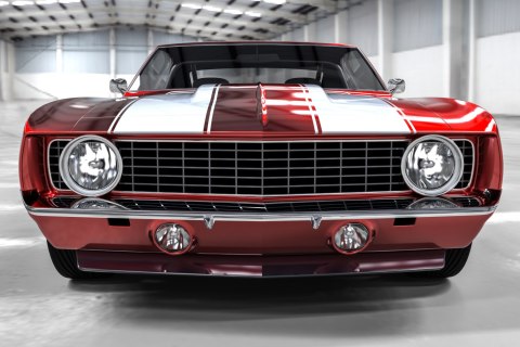 Obraz Wieloczęściowy Czerwony Muscle Car W Garażu Obraz Wieloczęściowy Czerwony Muscle Car W Garażu
