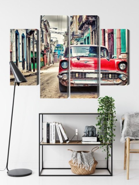 Obraz Wieloczęściowy Czerwony Samochód Chevroleta W Stylu Retro Obraz Wieloczęściowy Czerwony Samochód Chevroleta W Stylu Retro