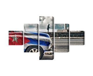 Obraz Wieloczęściowy Samochód Z Kubańską Flagą Na Ulicach Hawany