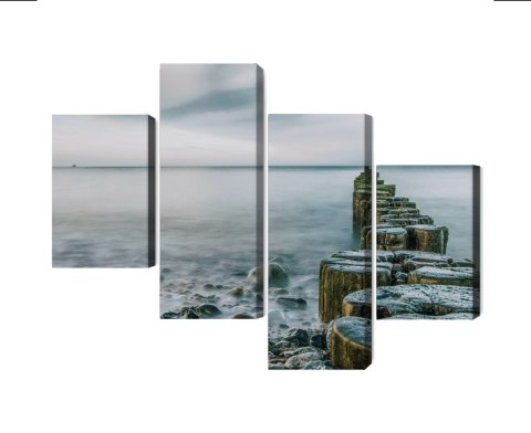 Obraz Wieloczęściowy Skalista Plaża I Drewniane Falochrony 3D Obraz Wieloczęściowy Skalista Plaża I Drewniane Falochrony 3D