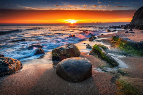 Obraz Wieloczęściowy Zachód Słońca Na Plaży 3D Obraz Wieloczęściowy Zachód Słońca Na Plaży 3D