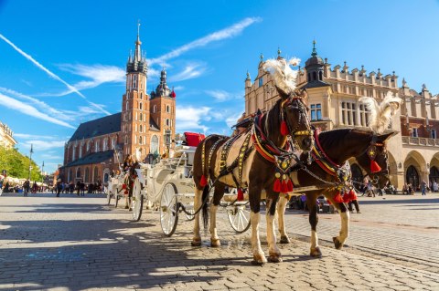 Obraz Wieloczęściowy Powozy Konne Na Krakowskim Rynku Obraz Wieloczęściowy Powozy Konne Na Krakowskim Rynku