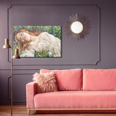 Obraz Na Płótnie .A Red-Haired Beauty, A Young Girl Lies And Dreams On The Field Among Various Summer Grasses And Wildflowers. O