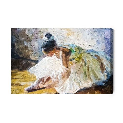 Obraz Na Płótnie Little Girl, Ballerina In A Lush White Ballet Tutu, Tying Pointe Shoes In The Dance Class, Under Bright Dayligh