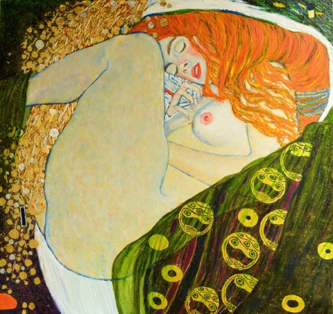 Obraz Na Płótnie Oil On Canvas. Oil Painting. Gold Leaf. Beautiful Red Hair Girl. Based On Painting Danae. G. Klimt Obraz Na Płótnie Oil On Canvas. Oil Painting. Gold Leaf. Beautiful Red Hair Girl. Based On Painting Danae. G. Klimt