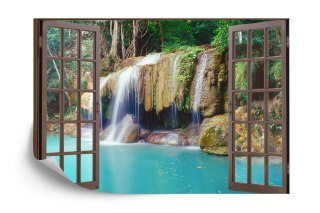 Fototapeta Open Window View To Deep Jungle Waterfall