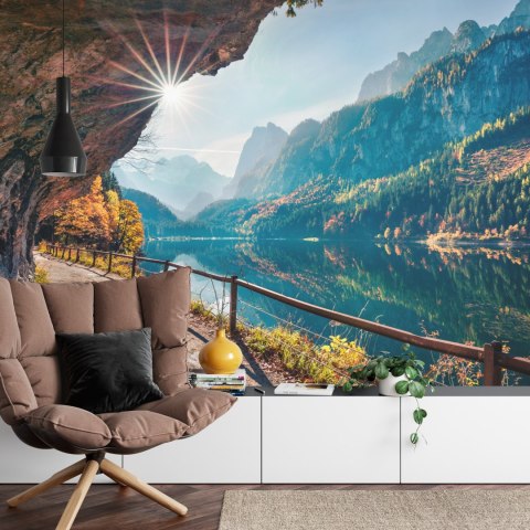 Fototapeta Sunny Autumn Scene Of Vorderer ( Gosausee ) Lake. Colorful Morning View Of Austrian Alps, Upper Austria, Europe. Beau