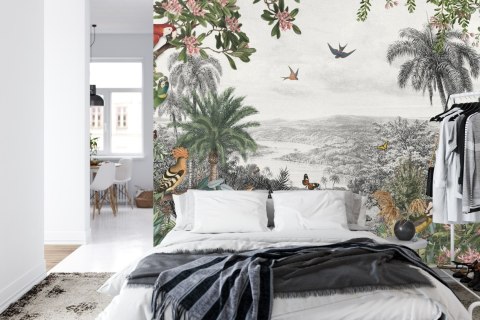 Fototapeta Tropical Jungle Wallpaper Palm Trees, Birds And Parrot In The River Land With Flying Butterflies