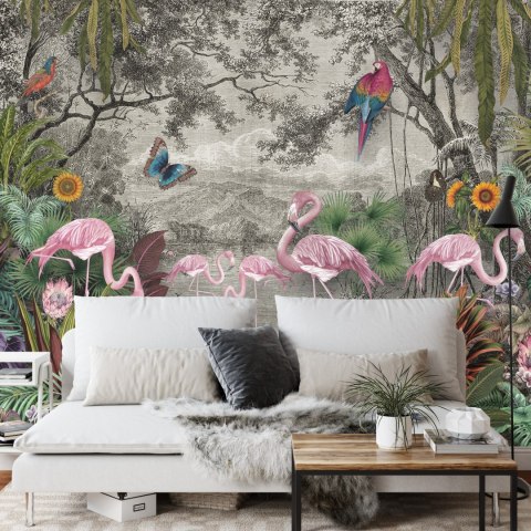 Fototapeta Wallpaper Jungle And Tropical Forest Banana Palm And Tropical Birds, Old Drawing
