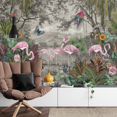 Fototapeta Wallpaper Jungle And Tropical Forest Banana Palm And Tropical Birds, Old Drawing