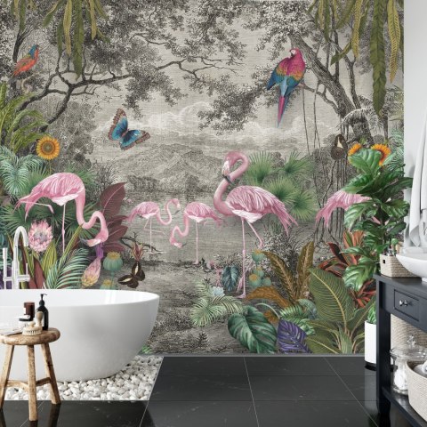 Fototapeta Wallpaper Jungle And Tropical Forest Banana Palm And Tropical Birds, Old Drawing