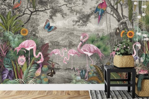 Fototapeta Wallpaper Jungle And Tropical Forest Banana Palm And Tropical Birds, Old Drawing