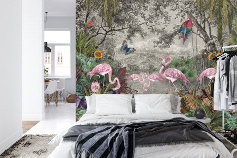 Fototapeta Wallpaper Jungle And Tropical Forest Banana Palm And Tropical Birds, Old Drawing